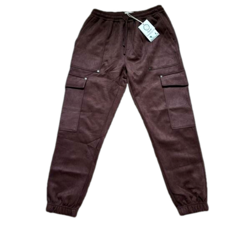 Kuwallatee Chocolate Brown Suede Like Cargo Jogger Sweat Pants Size Medium NWT